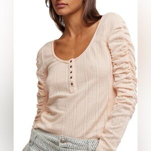 NWT Free People Hope Henley Top Strawberry Float Ruched Sleeve Romantic Boho Med